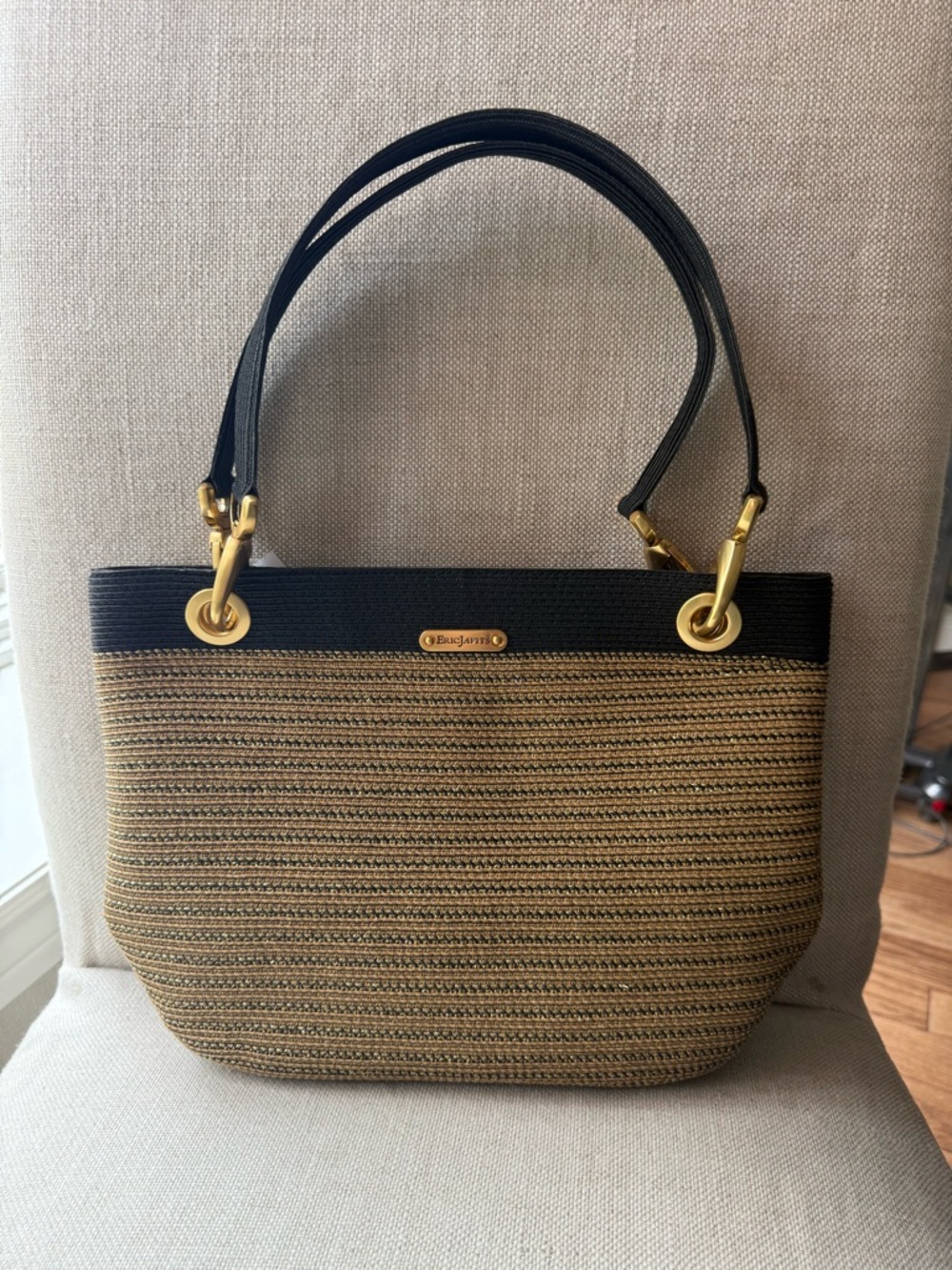New Eric Javits Black and Tan Squishee Straw Tote